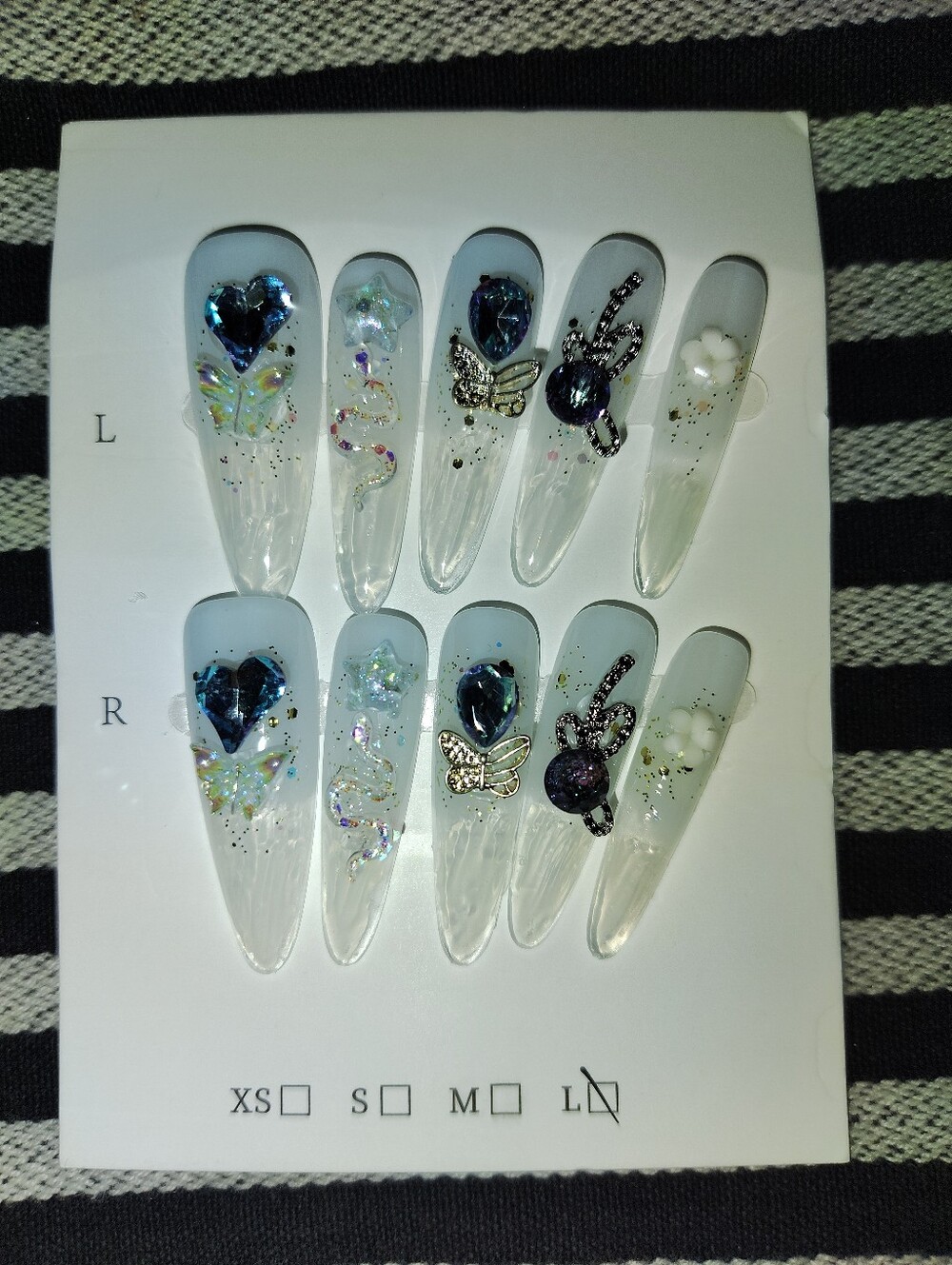 Handmade Baby Blue/Clear Stiletto Press-On Nails with 3D Blue Gems Size Large